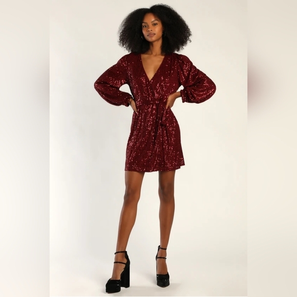 Lulus Dresses & Skirts - NWOT Lulus Burgundy Sequin Long Sleeve Wrap Dress Size XL=14/16